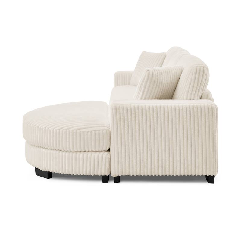 Corduroy Upholstered L-shaped Sectional Sofa, Chaise Lounge Couch with Arc-shaped Ottoman and Removable Cushions for Living Room