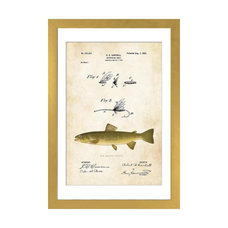iCanvas "Brown Trout Fishing Lure" by Patent77 - Gold - 24x16x1