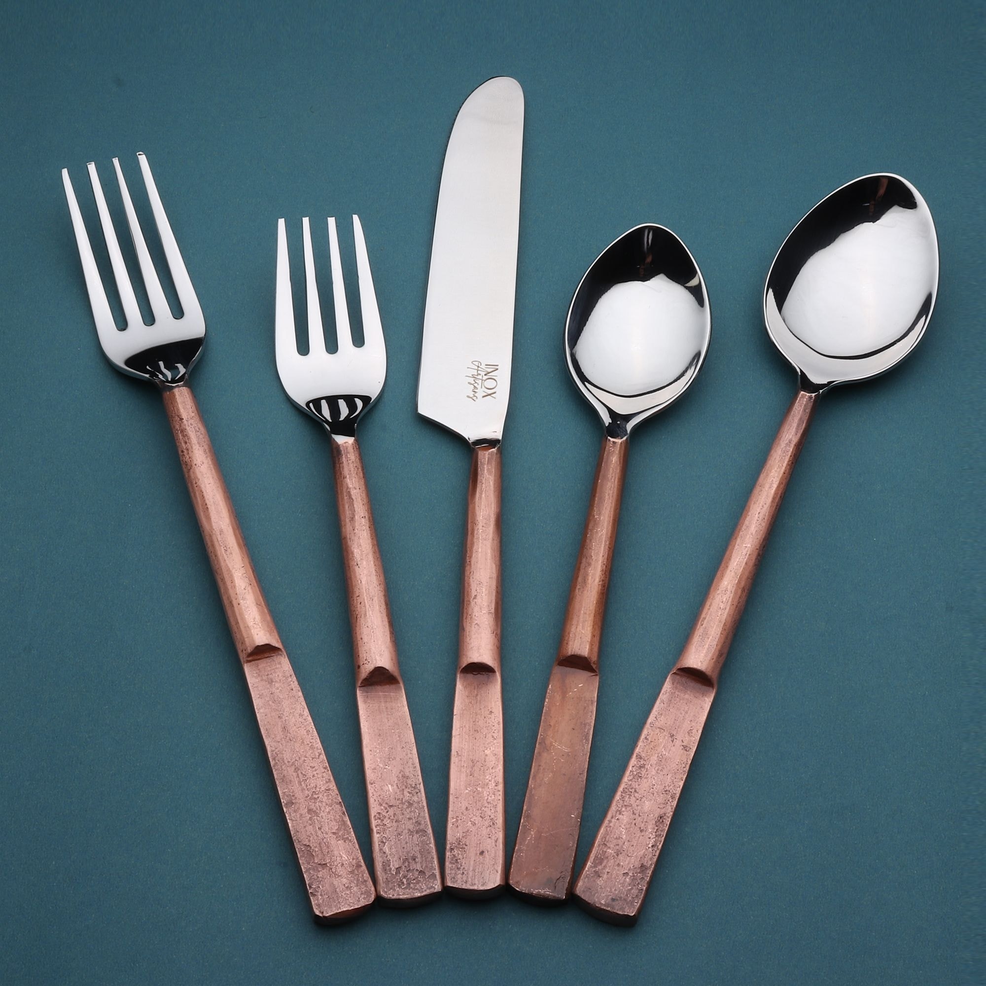 INOX Celia Design 5-Piece Copper Antique Flatware Set, image size:2000x2000