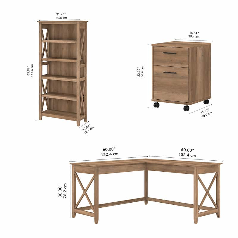 Key West 60W L Desk with File Cabinet and Bookcase by Bush Furniture