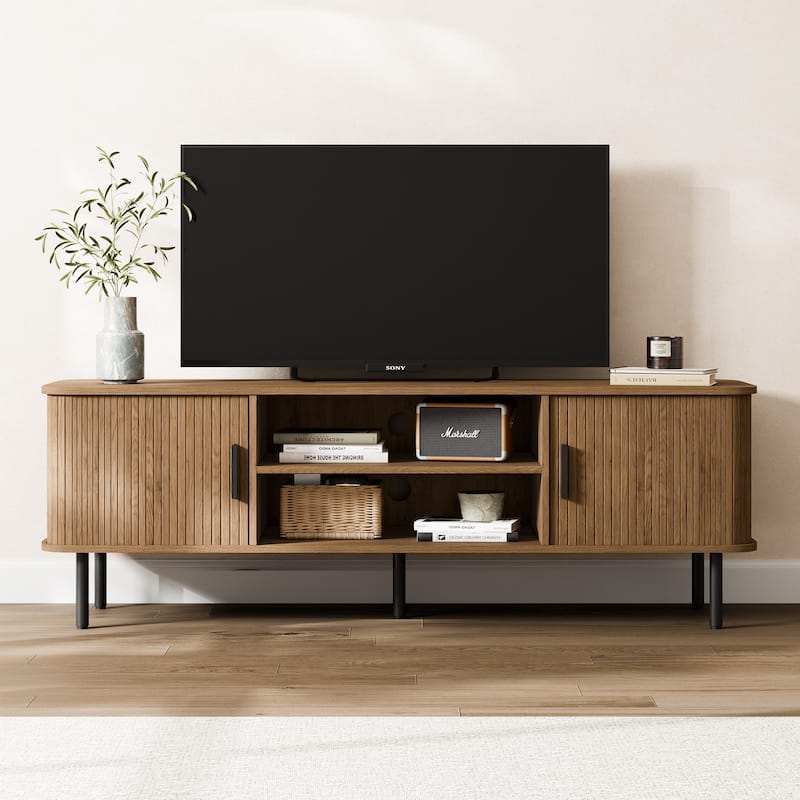 Mid-Century Modern Media Console, Tambour TV Stand with Storage Cabinet and Shelf - 60"W for TVs up to 70" - Brown