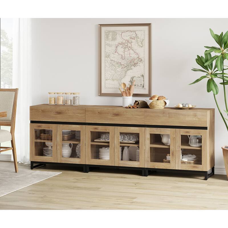 WAMPAT Multifunctional Sideboard Buffet Cabinets with Glass Doors, Modern Sideboard with Adjustable Shelf, Coffee Bar Cabinet - 3PCS - Oak