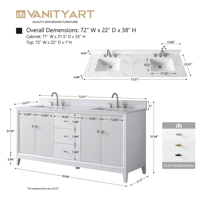 Vanity Art 72" Freestanding Bathroom Vanity with Engineered Marble Top and Sinks