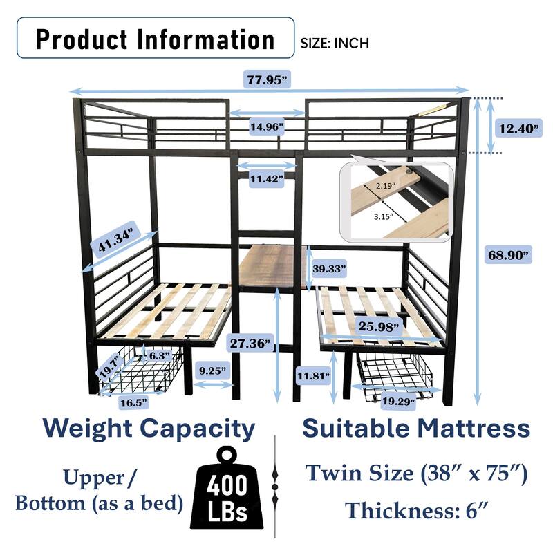 Convertible Loft Bed with Pull-Out Twin Sleeper, Table, Seating, Drawers & Guardrails