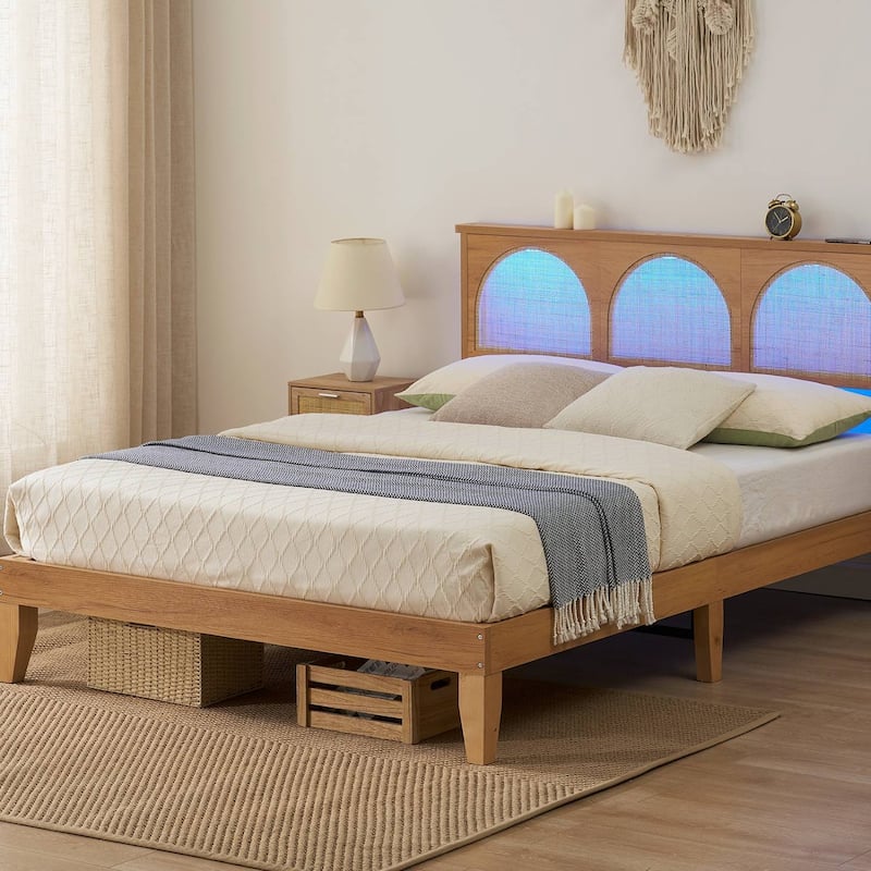 Natural Bed Frame with LED Lights Headboard - Queen