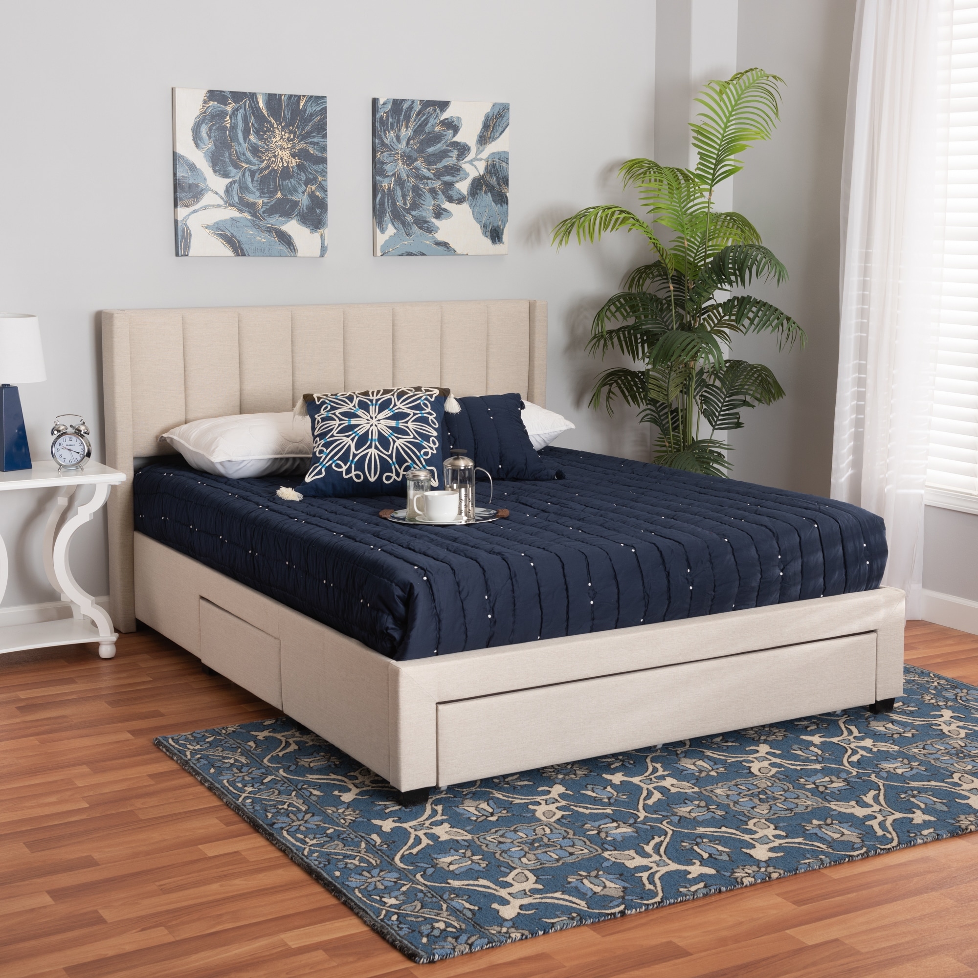 Coronado Mid-Century Modern & Transitional Fabric Storage Platform Bed with 3 Drawers