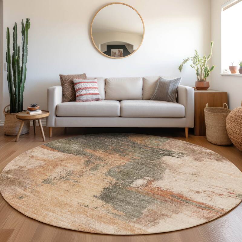 Machine Washable Indoor/ Outdoor Contemporary Abstract Chantille Rug - Terracotta - 8' x 8'