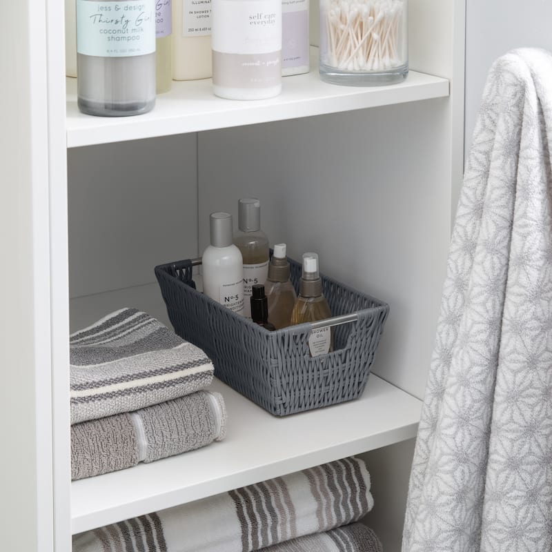 Simplify Small Shelf Storage Rattan Tote Basket in Charcoal