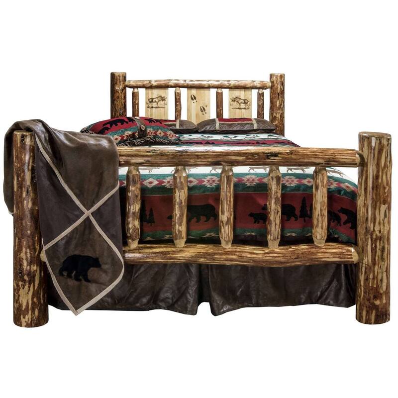 Full Bed - Moose Design Log Bed - Rustic Glacier Country Style - Solid Wood Frame - 87x60x47 in