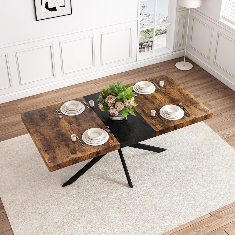 Retro Rectangular Stretch Dining Table with Cross Iron Base - Brown-55.11-70.86" L