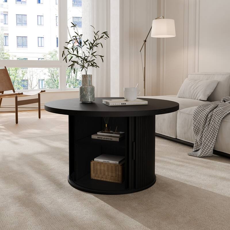Mid Century Modern Round Coffee Table with Storage, Tambour Door Design Table for Living Room
