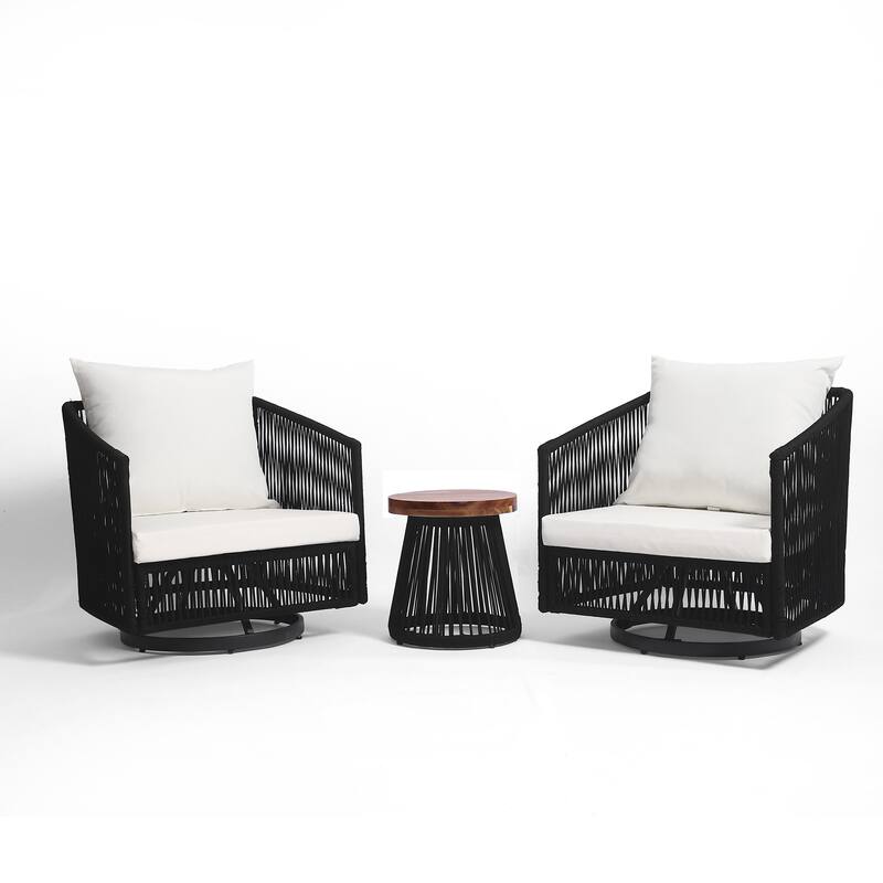 3-Piece Outdoor Patio Swivel Chair Set with Cushions and Side Table