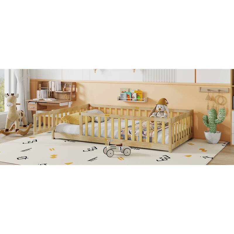 Roomfitters Twin/Full/Queen Rubber Wood Floor Bed with Fence and Swing Door, Safety Guardrails, Low Profile Design