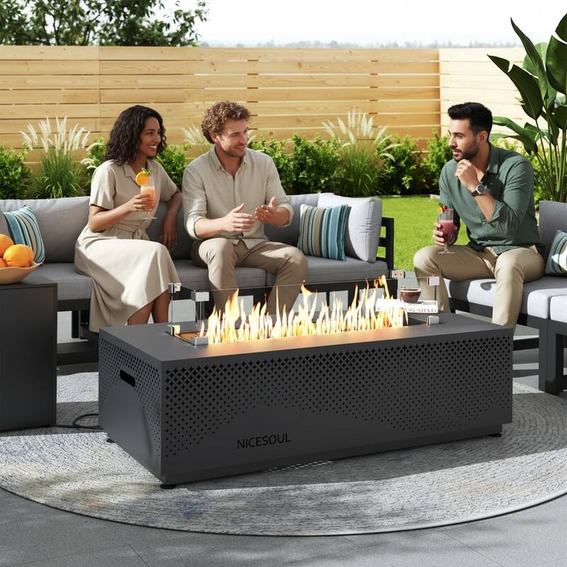 FINCATI Propane Fire Pit Coffee Table, Rectangle Natural Gas Outdoor Fire Pit Modern Gas Firepit, 42'' Fire Pit Table