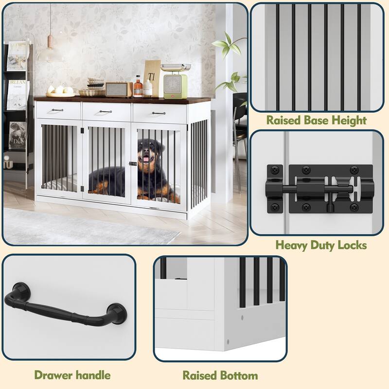 Furniture Style Dog Crate with Storage Drawers, Large Dog Kennel Cabinet with Wood Top, Double Door Pet Crate End Table