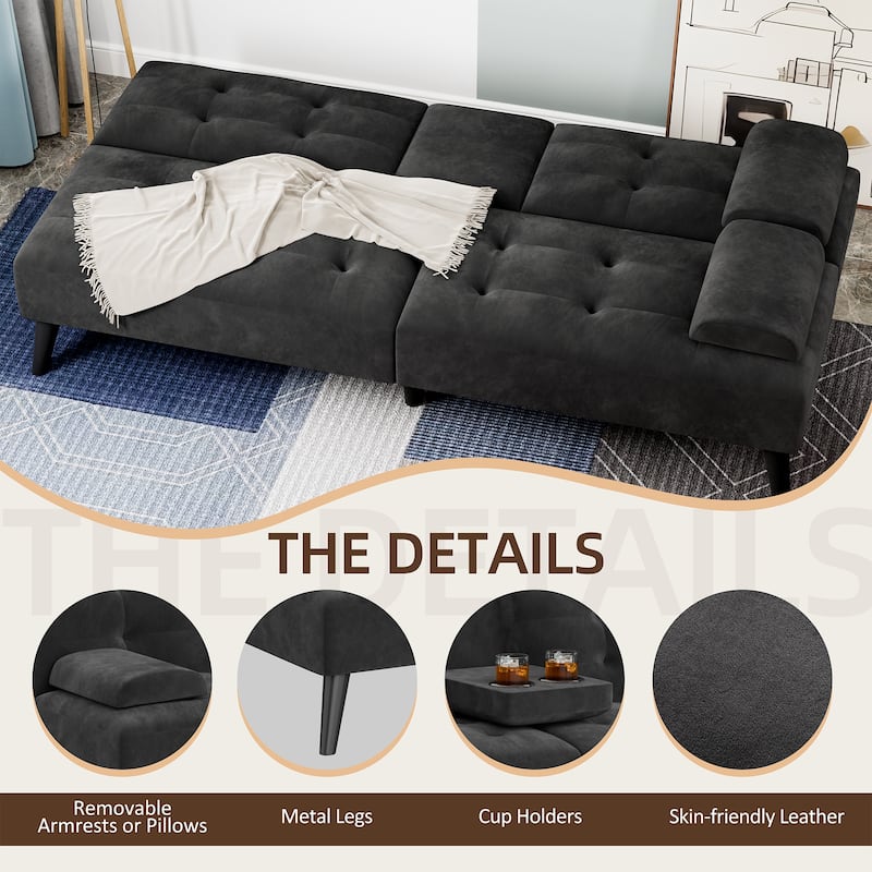 3-in-1 Convertible Sofa Bed with Folding Cup Holders & Adjustable Backrest – Modern Futon with Removable Armrests