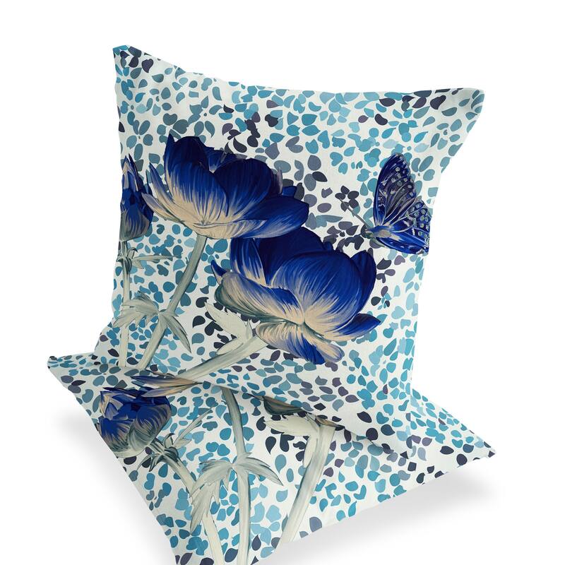 HomeRoots Set of Two 16" X 16" Blue and Off White Butterfly Blown Seam Floral Indoor Outdoor Throw Pillow
