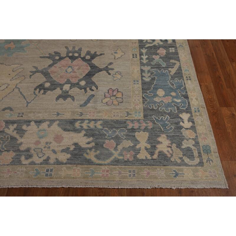 Beige Oushak Turkish Rug Hand-Knotted Oriental Wool Carpet - 8'11"x 11'11"