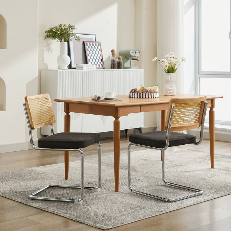 Mid Century Modern Dining Chairs Set of 2, Natural Cane Back & Stainless Chrome Base, Upholstered Rattan Kitchen Chairs