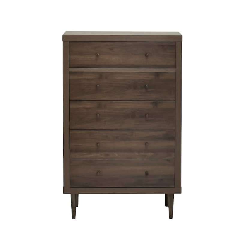 Minie Tall Dresser Chest, 5 Drawers, Rubberwood, Modern Walnut Brown