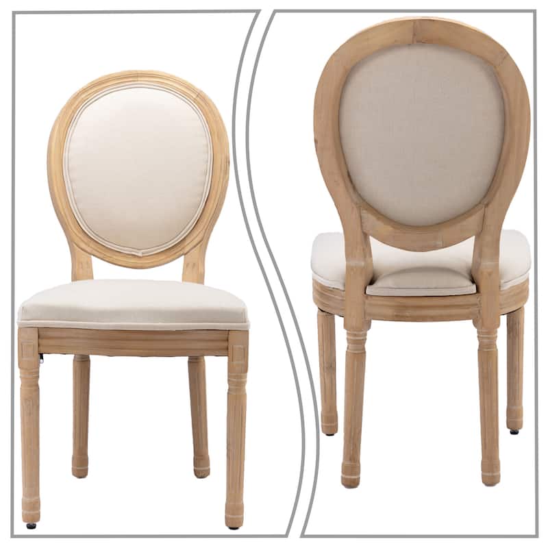 Vintage French Style Set of Two Linen Upholstered Dining Chairs with Solid Rubberwood Frame Legs