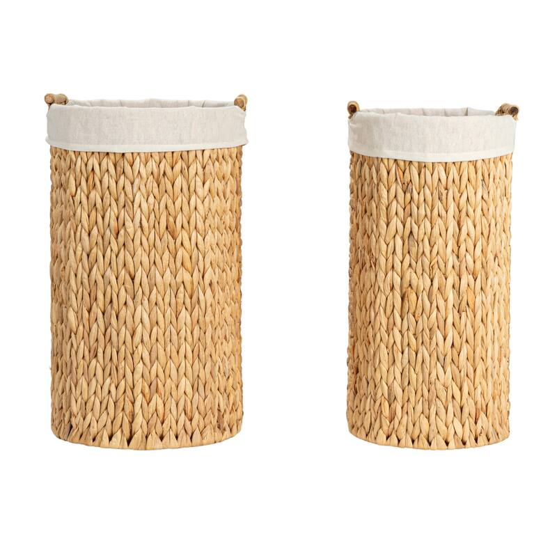 Household Essentials Handwoven Water Hyacinth Hamper Set with Cotton Lining, Set of 2 - 16.3"L x 12.9"W x 22.0"H