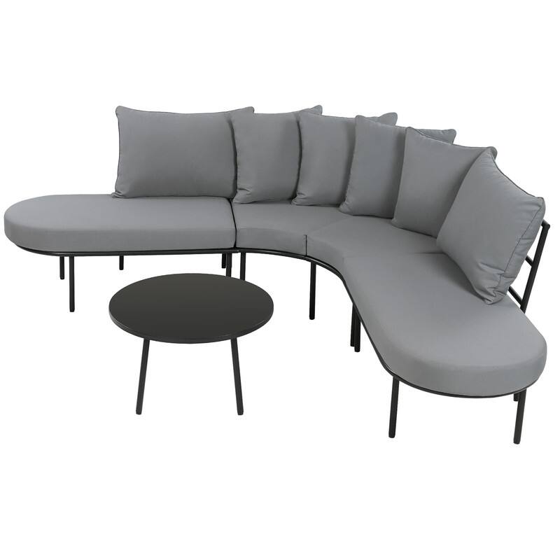 Patio Half-Moon Curved Sectional Sofa Set with Small Coffee Table, All-Weather-Used Iron Frame Outdoor Conversation Set