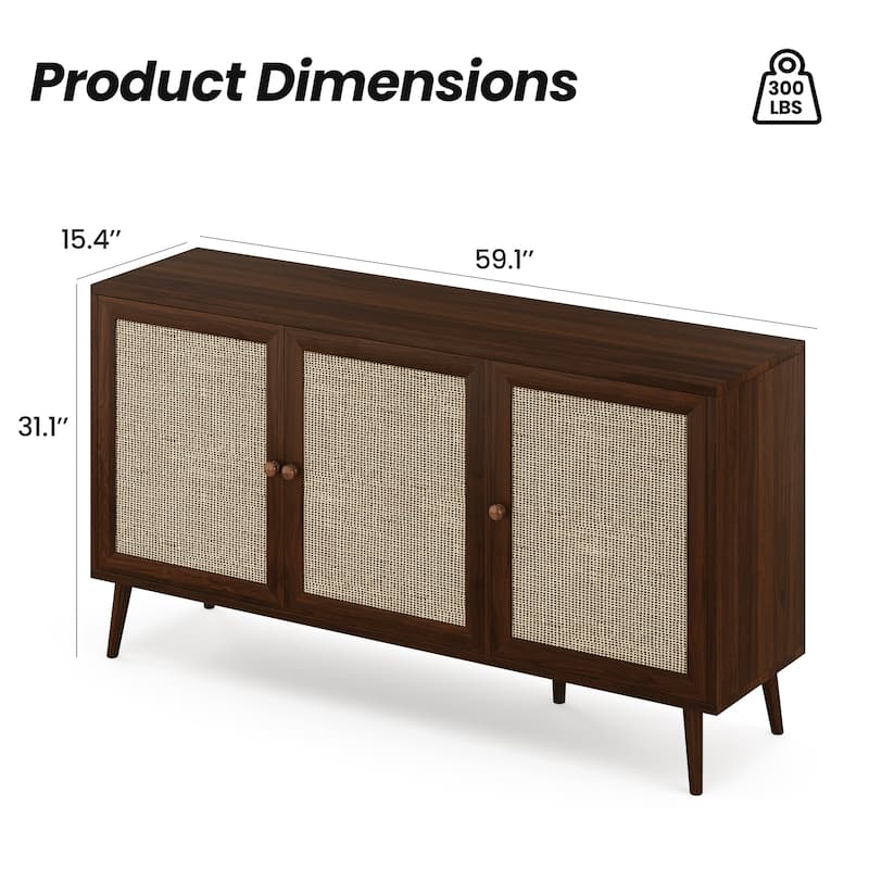 Sideboard Buffet Cabinet with 3 Rattan Doors,Modern Kitchen Storage Console Cabinet for Entryway Living Room (Large)