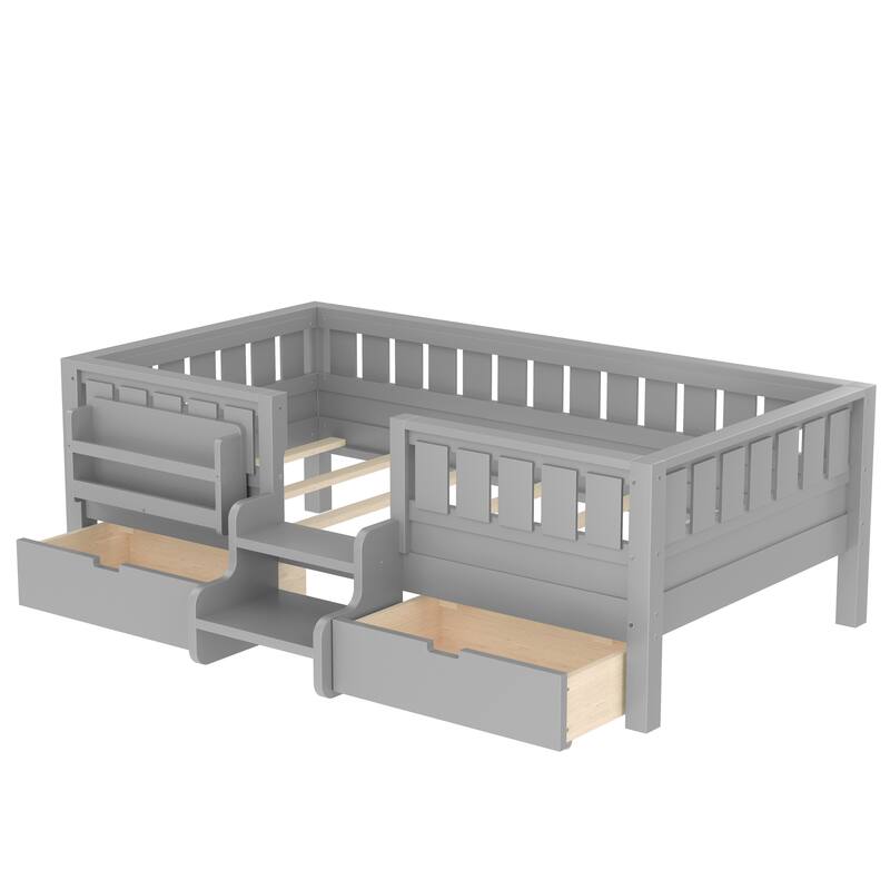 Full/Twin Loft Bed with Storage Drawers, Safety Staircase & Rails