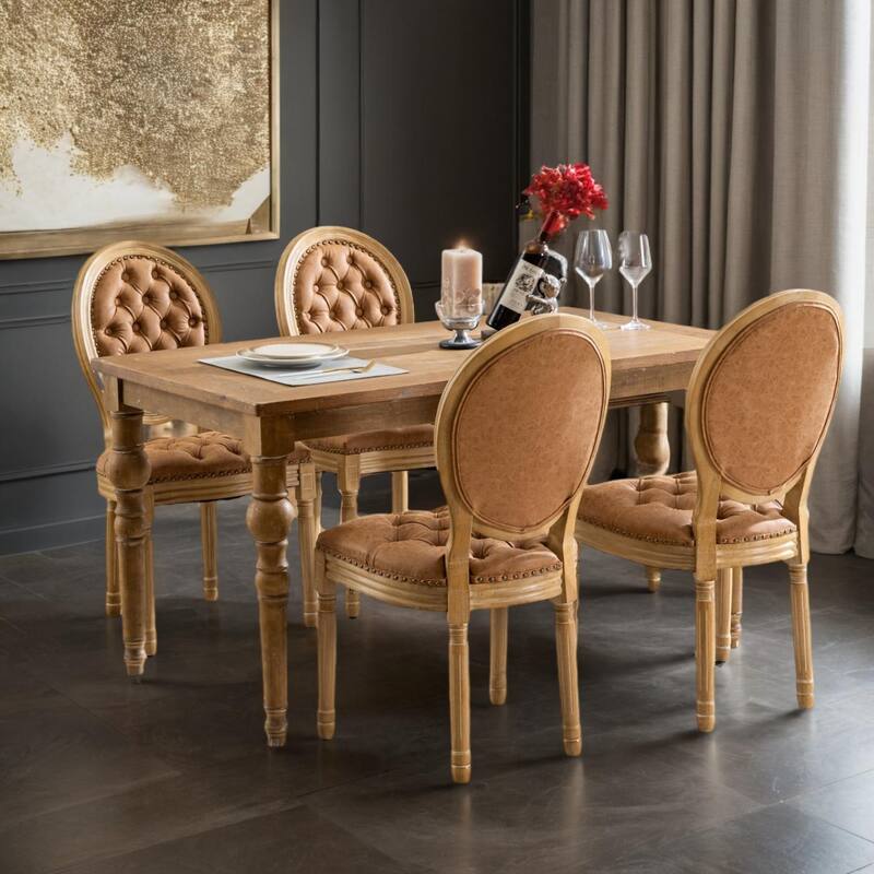 French Style Solid Wood Frame Antique Painting,Hand-pulled buckle decoration PU artificial leather Dining Chair Set of 2