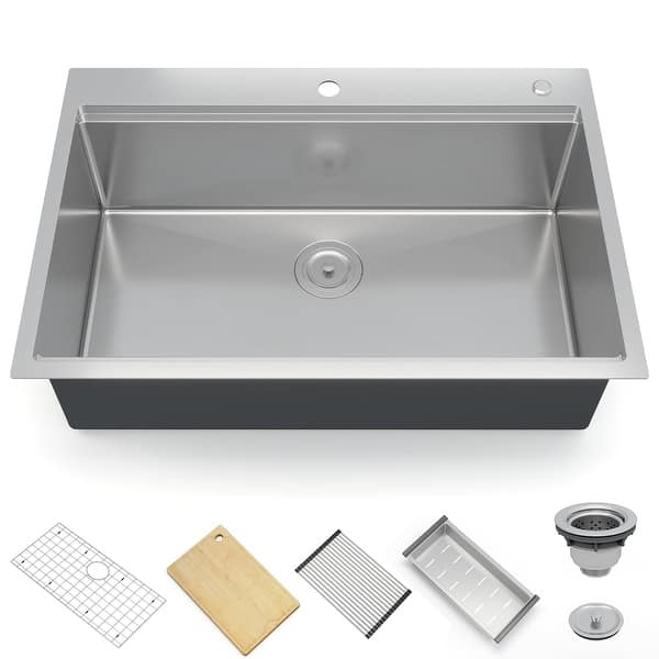 slide 2 of 8, Kitchen Sink, 30 Inch Brushed Nickel Topmount Kitchen Bar Sink with Single-tier Track - 30x22x10in Silver - 30x22x10in