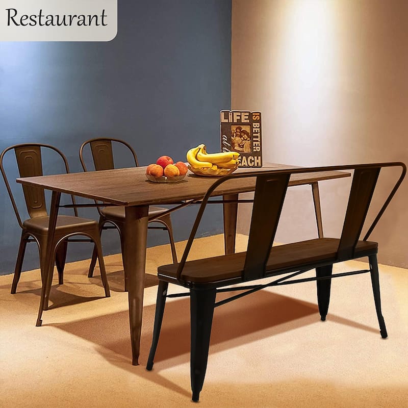 EROMMY 42in Metal Bench Industrial Mid-Century 3 Person Chair with Wood Seat, Dining Bench with Floor Protector - 42"