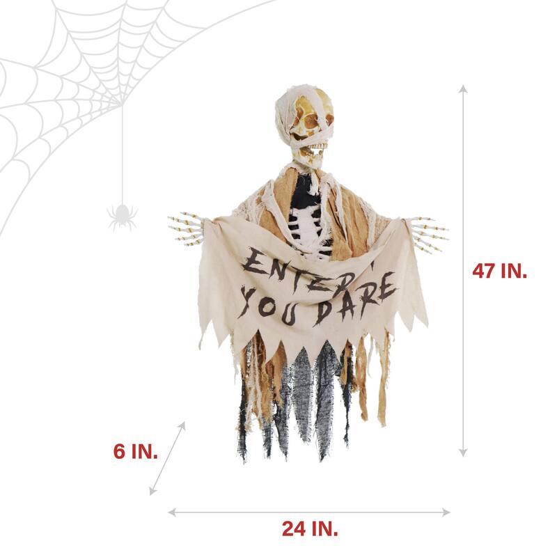 Haunted Hill Farm Danger McRibsey the Animatronic Skeleton Mummy Greeter with Banner for Halloween Decoration