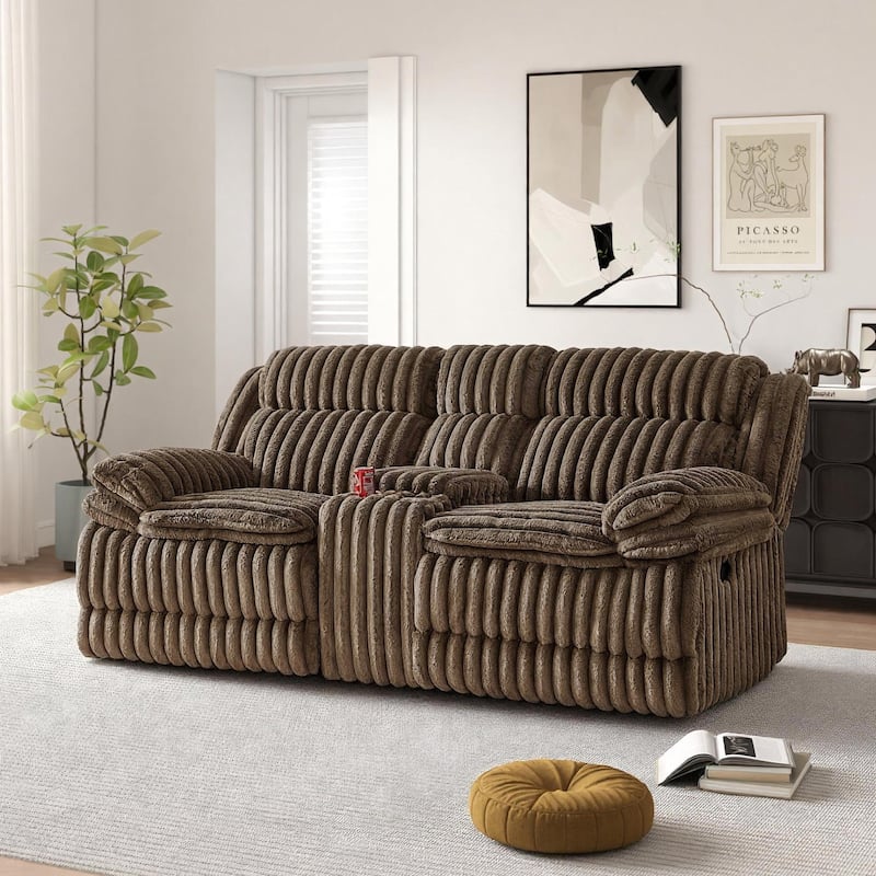 Roundhill Furniture Ardello 3-Piece Reclining Sofa Set, Corduroy Upholstery with Built-In Power Center, Chocolate