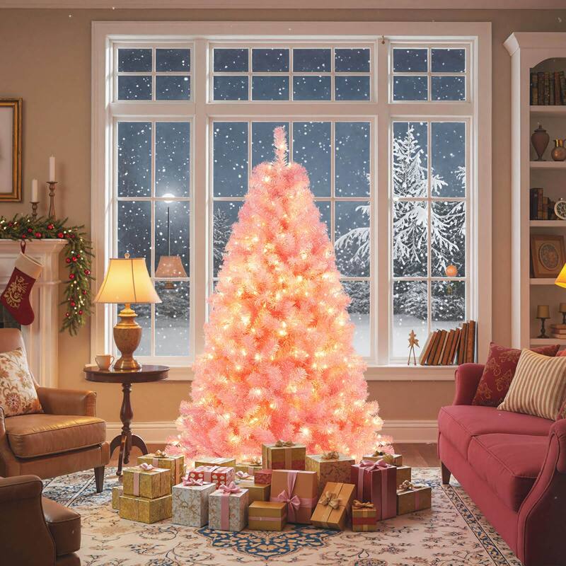 Costway 6.5 FT/7.5 FT Artificial Xmas Tree with 250/550 White LED - See Details - Pink-6 FT - 6 Foot