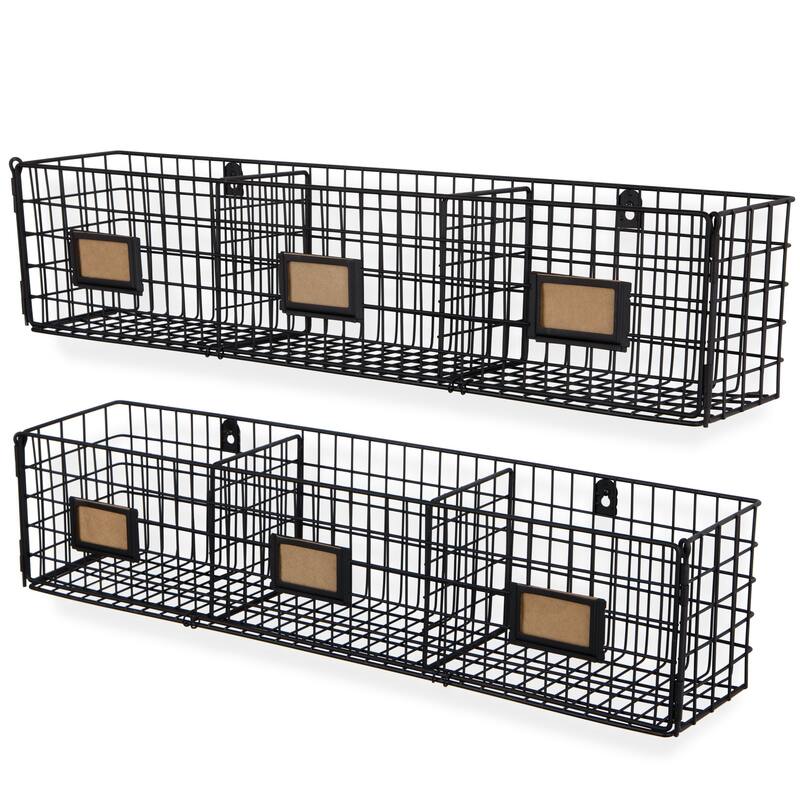 Metal Wall Basket, 3 Sectional Wall Organizer Rack, Set of 2, Black
