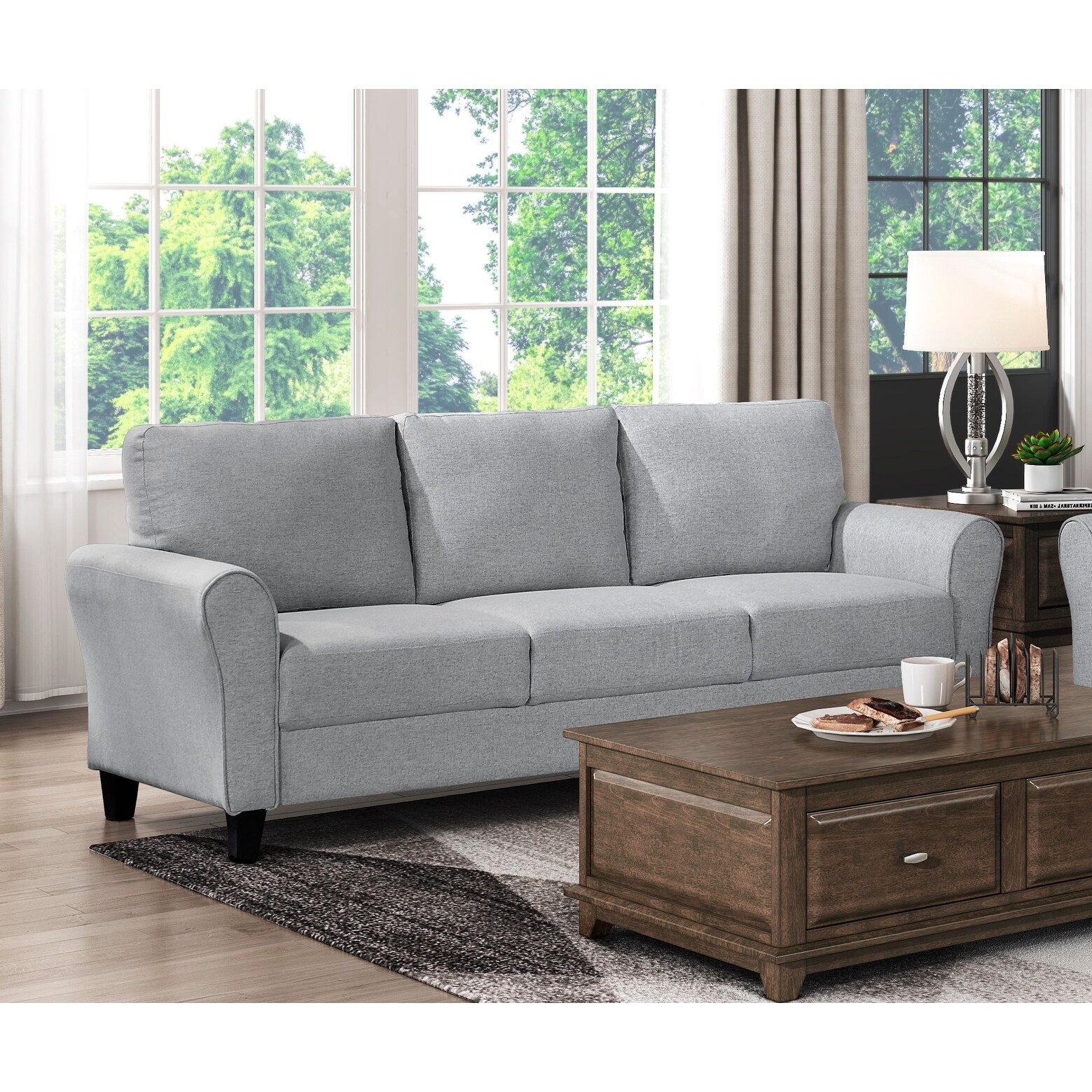 Modern 1pc Sofa Dark Gray Textured Fabric Upholstered Rounded Arms