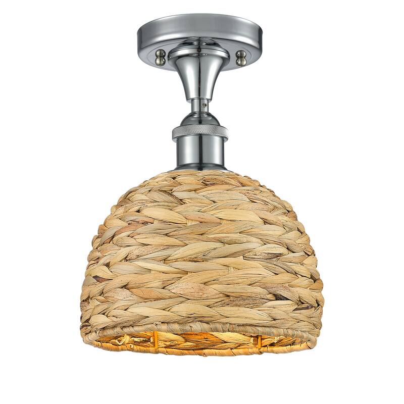 Innovations Lighting Woven Rattan - 1 Light 8" Semi-Flush Mount - Polished Chrome/Natural Rattan