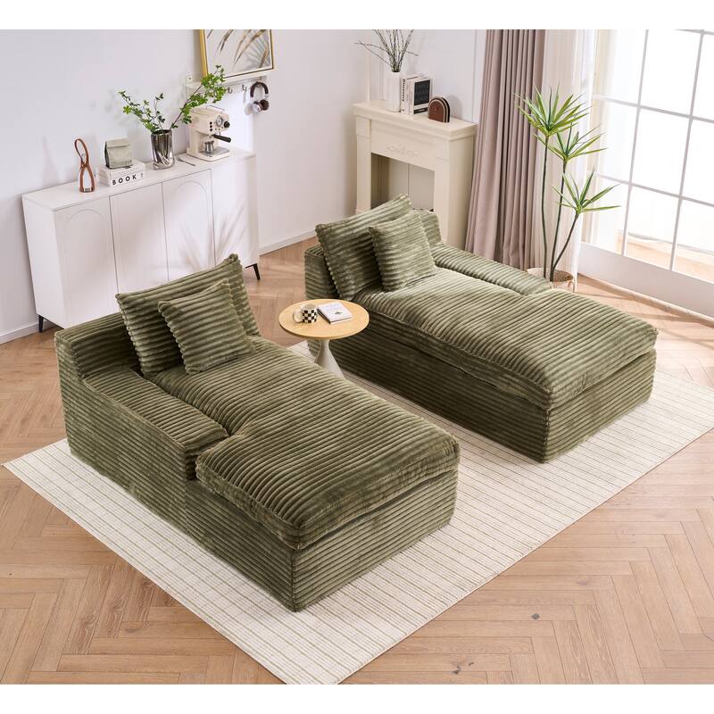 Oversized Corduroy Upholstered Chaise Lounge Sofa / Double Single Side Arm Sleeper Sofa Couch / Modular Recliner Sofa - Green