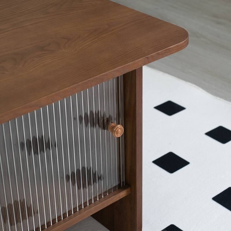 GDFStudio Velmorian Solid Wood Frame Coffee Table with Fluted Glass Sliding Doors and Storage Center