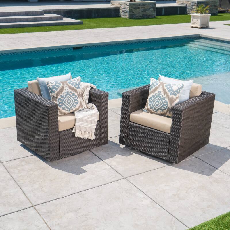 Puerta Outdoor Cushioned Swivel Club Chair (Set of 2) by Christopher Knight Home - Dark Brown + Beige