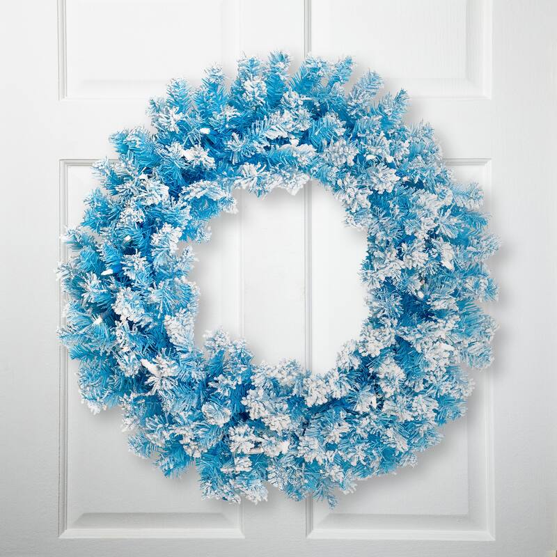 Pre-Lit Flocked Pine Artificial Christmas Wreath - 24" - Sky Blue - Clear Lights