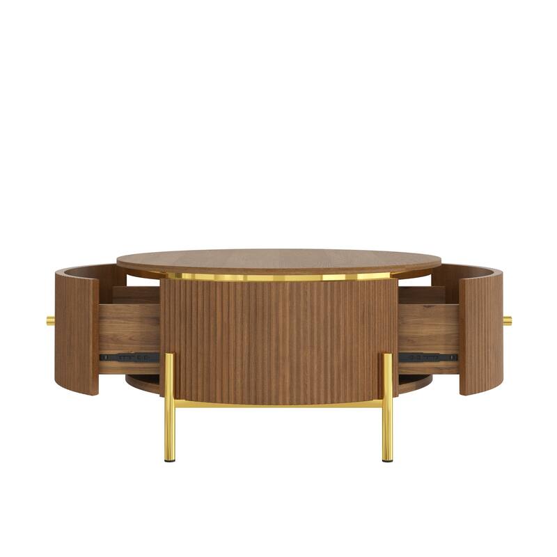 Modern Round Coffee Table with 2 large Drawers Storage Accent Table, Brown, 31.5"
