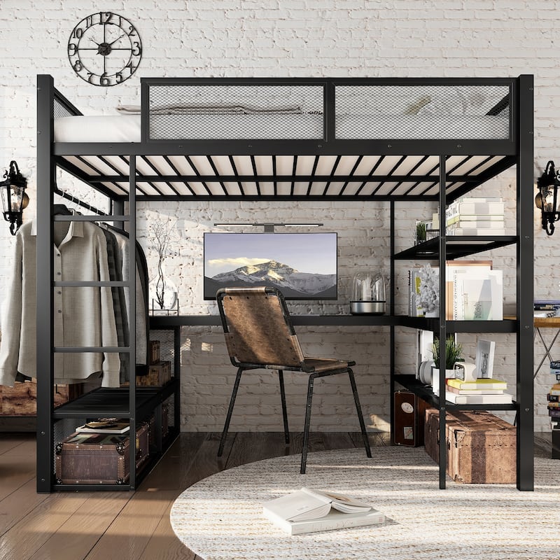 Queen Loft Bed with Metal Frame Desk Shelves and Hanging Rod