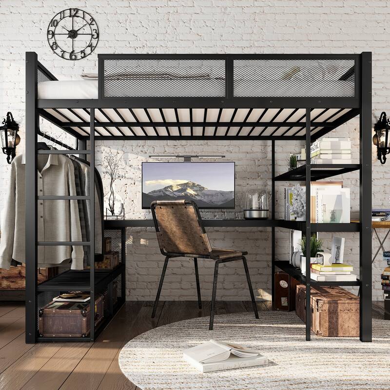 Queen Size Metal Loft Bed with Integrated Desk and Clothes Hanging Rod, Space-Saving Design No Box Spring Needed