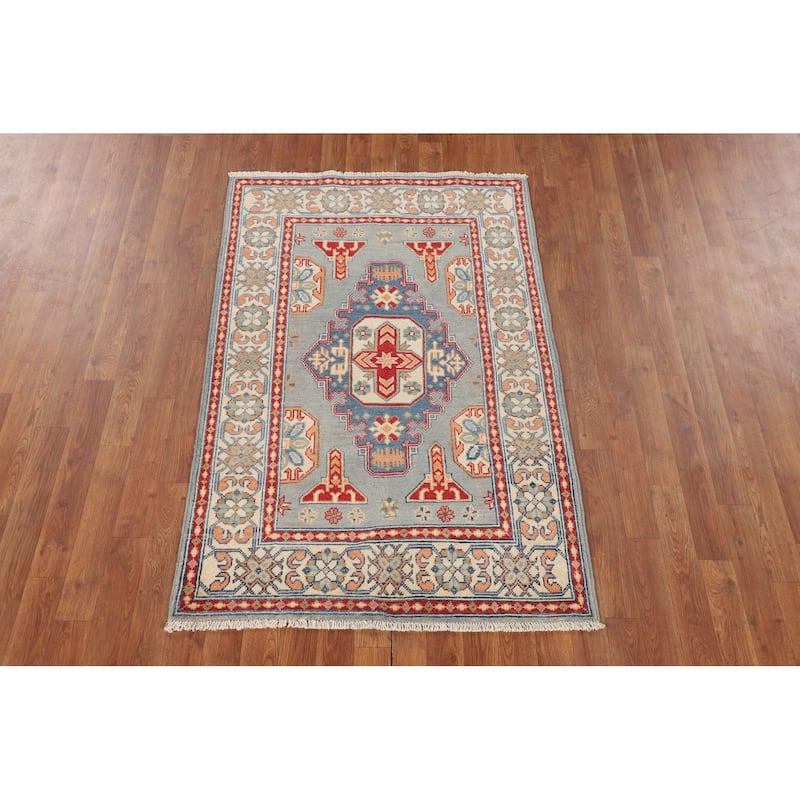 Geometric Blue Kazak Accent Rug Handmade Wool Carpet - 3'3" x 4'11"