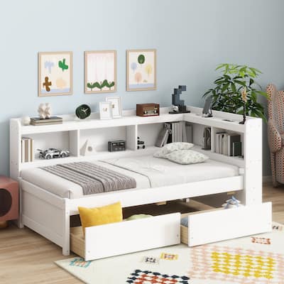 Twin-Size L-Shaped Bookcase Bed - Built-In Power Outlets, USB Ports & 2 Drawers‌