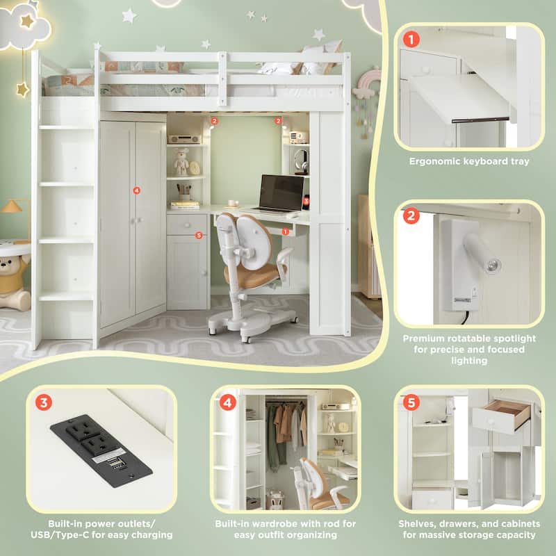 Twin Loft Bed with Integrated Wardrobe, Desk, Charging Station & Spotlights