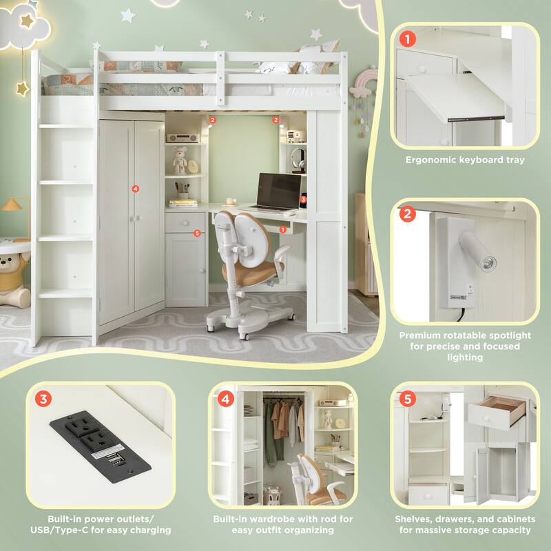 Twin Loft Bed with Integrated Wardrobe Desk Keyboard Tray Charging Station