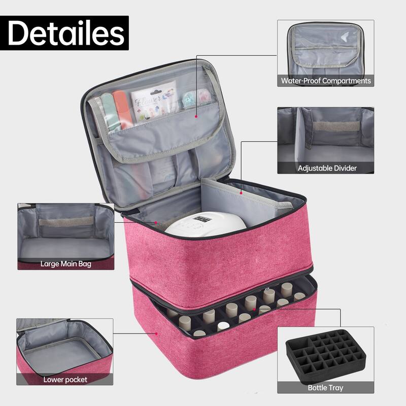 Double-Layer Nail Polish Organizer Bag, Holds 27 Bottles, Nail Tools & Dryer Storage Case with Adjustable Dividers